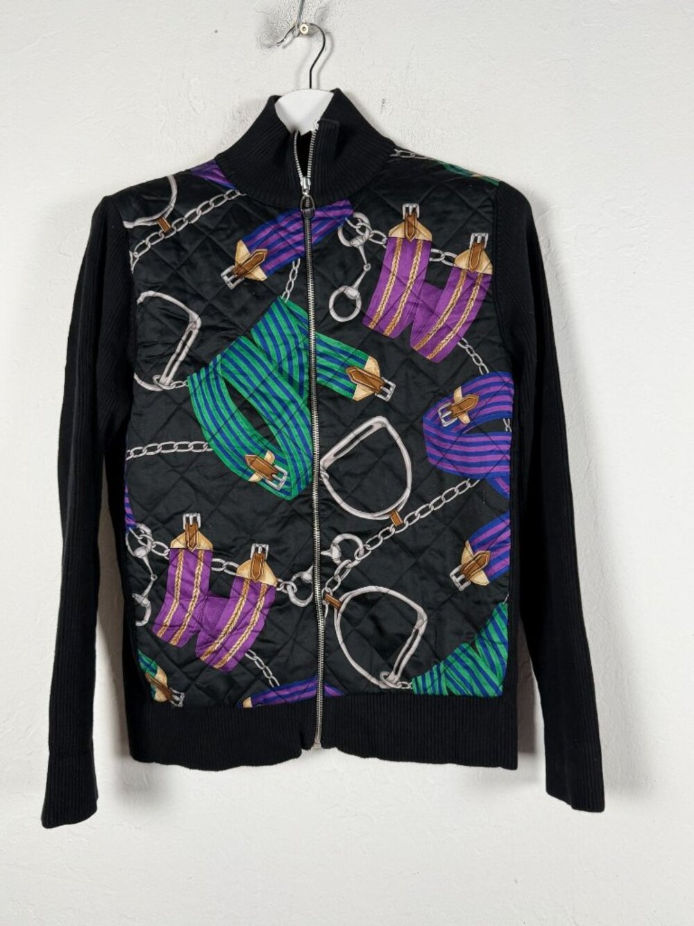 Lauren Ralph Lauren Womens Black Quilted Equestrian Print Zip Cardigan Jacket